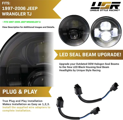 Miniatura 4 de USR 97-06 Wrangler TJ Faros LED de proyector redondos de 7" Pulgadas H6024 con carcasa negra 6024 Haz alto/bajo, faro sellado H6014 (Par) Compatible
