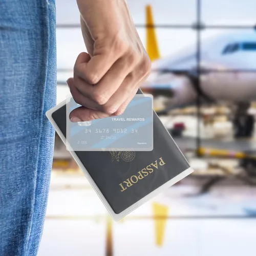 Miniatura 5 de Cosmos Funda de PVC translúcida para pasaporte, incluye 6 fundas para pasaporte y 12 fundas protectoras para tarjetas, cartera unisex impermeable
