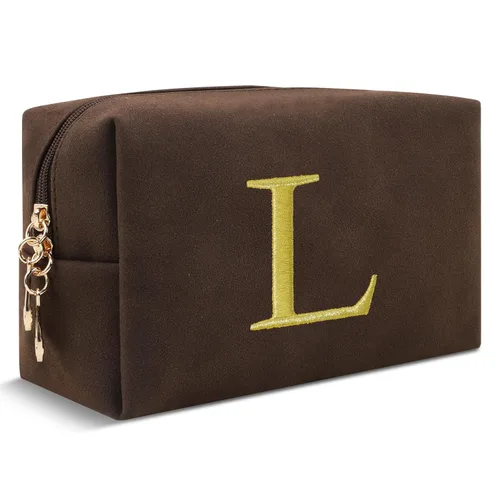 Miniatura 220 de Pequeña bolsa de maquillaje personalizada con inicial A-Z Preppy Patch, bolsa de cosméticos de viaje de felpilla blanca con cremallera, bonita bolsa