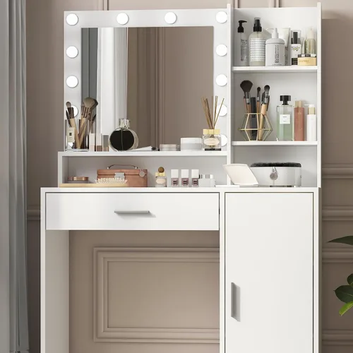 Escritorio de maquillaje con espejo y luces LED, escritorio de maquillaje con luces, 3 colores, tocador de maquillaje con 5 cajones y 3 estantes,