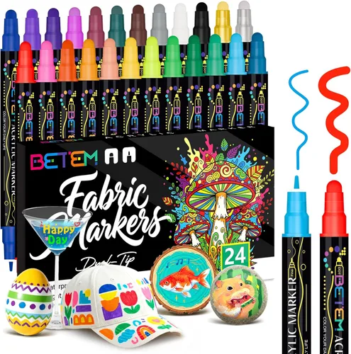 Betem Marcadores de pintura acrílica de doble punta de 24 colores, kits de decoración de tela, bolígrafos de pintura acrílica a base de agua de