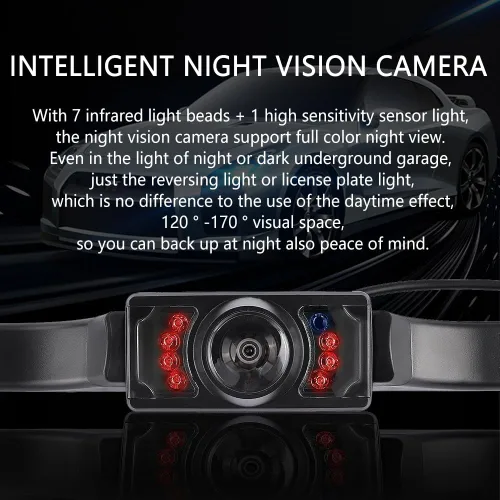 Miniatura 3 de Cámara de respaldo para automóviles con 8 luces, cámara de respaldo de visión nocturna SD de placa de matrícula con ángulo amplio de 170°, cámara