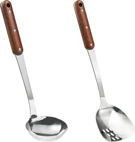 Miniatura 13 de FJNATINH Espátula Wok de acero inoxidable, cucharón, juego de herramientas de cucharón de espumadera, utensilios de cocina pulidos con mango de Negro