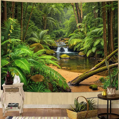 Miniatura 47 de Zussun Tapiz de Bosque Natural de Montaña Tapiz Verde de Pino Luz Solar Selva para Dormitorio Estético Planta Paisaje de Montaña Tapices Pequeños