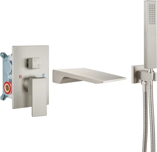 Airuida Grifo de bañera de montaje en pared con boquilla de cascada, grifo de bañera montado en la pared con ducha de mano de una sola manija, juego