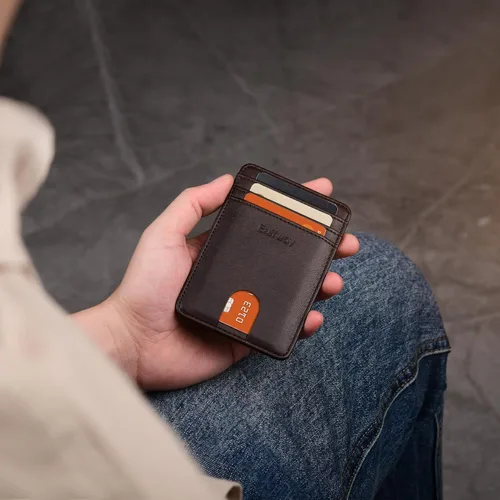 Miniatura 55 de Buffway Billetera delgada para hombre, minimalista con bolsillo frontal delgado, tarjetero de cuero con bloqueo RFID para viajes de trabajo