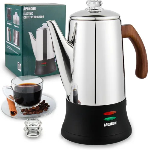 APOXCON Cafetera eléctrica de acero inoxidable con dos perillas de vidrio resistentes al calor y mango de madera tratada con función de mantener