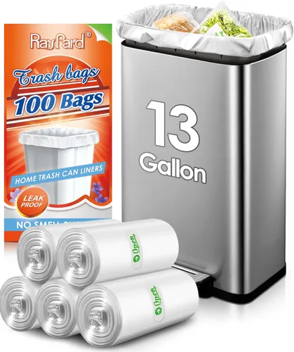 Bolsas de basura de 13 galones, 100 unidades (para 12-15 galones) Bolsas de basura fuertes y altas para cocina de RayPard, para cestas de 50 litros,