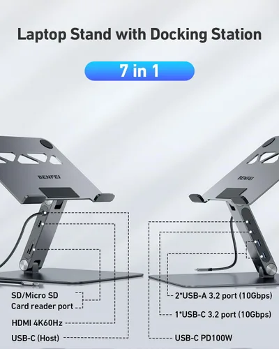 Miniatura 2 de BENFEI Soporte para laptop con estación de acoplamiento USB C 7 en 1, HDMI 4K a 60 Hz, 1 SD 1 Micro SD, entrega de energía de 100 W, 10 Gbps 1 USB C