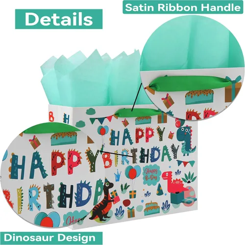 Miniatura 4 de Qirrmiy Juego de bolsas de regalo grandes de 13 pulgadas con tarjeta de felicitación y papel de seda (diseño de dinosaurio verde y feliz cumpleaños)