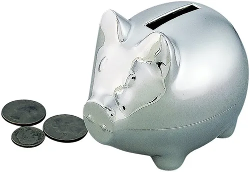Miniatura 6 de Creative Gifts International Hucha pequeña de peltre de cerdo Alcancía de plata para niños o recién nacidos Acabado de níquel cepillado 3 x