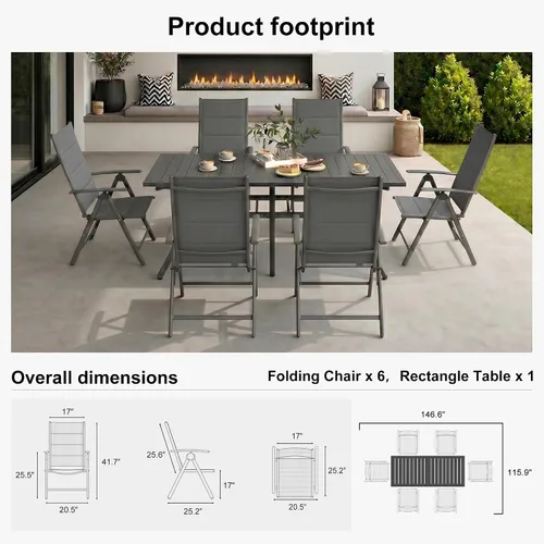 Miniatura 3 de PURPLE LEAF Juego de comedor al aire libre para 6 mesas plegables de patio con mesa rectangular de aluminio y sillas acolchadas para todo