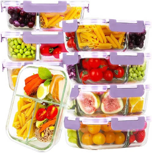 Miniatura 8 de HOMBERKING - Paquete de 8 contenedores de vidrio para preparación de comidas, 3 compartimentos, contenedores de vidrio para almacenamiento