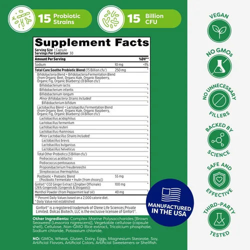Miniatura 7 de Probulin Total Care Soothe Prebiótico, probiótico y postbiótico + jengibre y menta para calmar la digestión, 15 mil millones de UFC, 15 cepas, 30