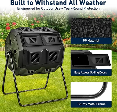 Miniatura 4 de Yesker Contenedor de compostaje de doble cámara para exteriores, compostador giratorio de 43 galones con puertas correderas, montaje rápido
