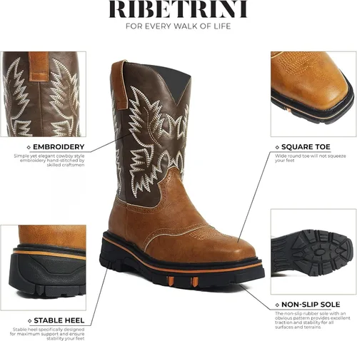 Miniatura 5 de Botas vaqueras bordadas para hombre, botas vaqueras duraderas con punta cuadrada, tacón grueso, plataforma de piel sintética, botas de media