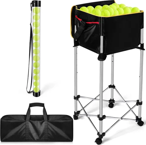 Deekin Carrito de pelota portátil y recogida de pelotas de tenis, cesta de tenis con ruedas con bolsa de almacenamiento, recogedor de pelota de