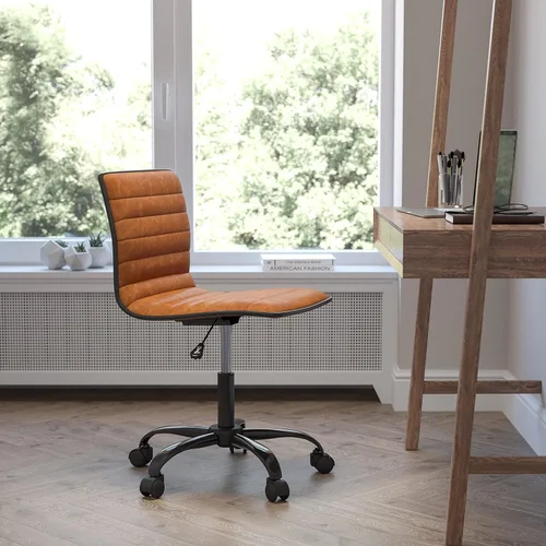 Miniatura 2 de Flash Furniture - Silla de oficina, vinilo marrón, estructura negra, sin reposabrazos, asiento y respaldo acanalados, diseño de respaldo bajo