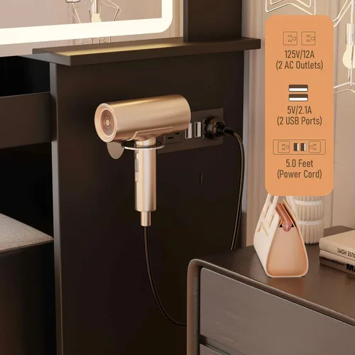 Miniatura 3 de DYHOME Escritorio de maquillaje con espejo de luces LED, 3 modos ajustables y tomas de corriente, mesa de tocador con 6 cajones y banco, escritorio