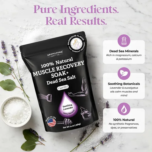 Miniatura 2 de Aromasong Baño de recuperación muscular de 3 libras, sal de baño natural con sal del mar muerto, MSM puro, copos de magnesio y aceites esenciales