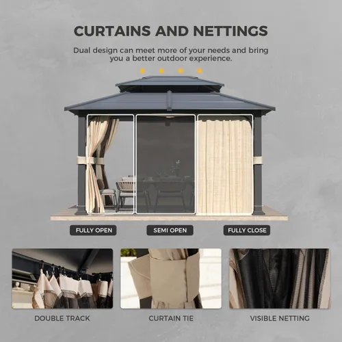 Miniatura 6 de YOLENY Cenador de techo rígido de 12 x 10 pies, toldo para exteriores, techo de acrílico y acero galvanizado, marco de aluminio con cortinas y red