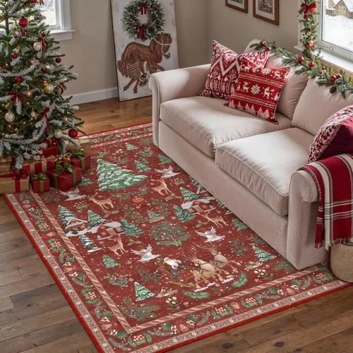 Miniatura 11 de Alfombra de Área Navideña 2x3 pies Copo de Nieve Rojo Tapete Decorativo Navideño para Entrada Cocina Lavable Antideslizante Suave Pelo Bajo Alfombra
