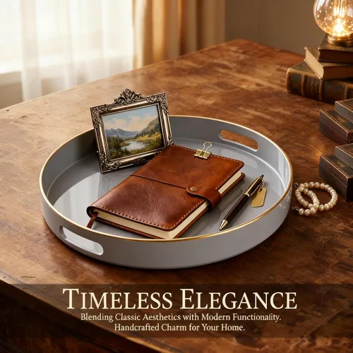 Miniatura 6 de Bandeja decorativa redonda, bandeja de plástico con asas, bandeja moderna de tocador y bandeja de servir para otomano, mesa de café, cocina y baño