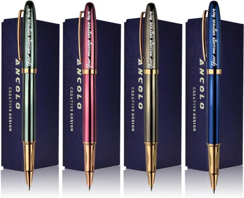 Miniatura 7 de Ancolo Pluma estilográfica personalizada con cuerpo de metal con caja para bolígrafos, 2 cartuchos de tinta negra personalizados con tu mensaje