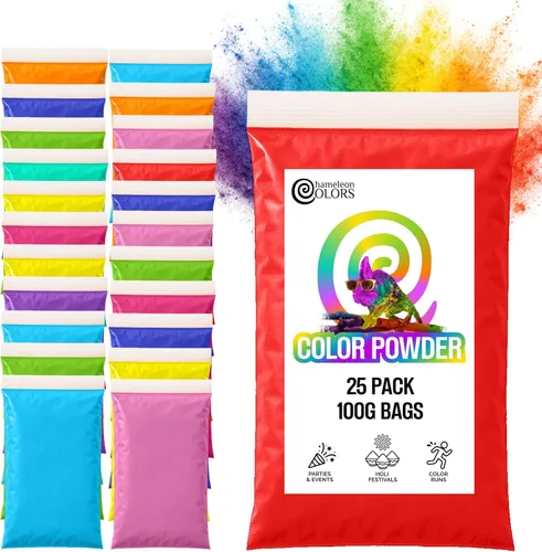 Chameleon Colors Paquetes de polvo de color de 3.53 oz, paquete de 25, 10 colores vibrantes en bolsas transparentes, no tóxico y sin gluten, ideal