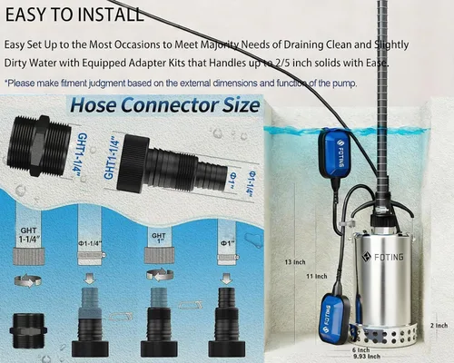 Miniatura 6 de FOTING Bomba de sumidero de acero inoxidable 304 completa con interruptor de flotador, bomba de agua sumergible automática de 1 HP 4600 GPH