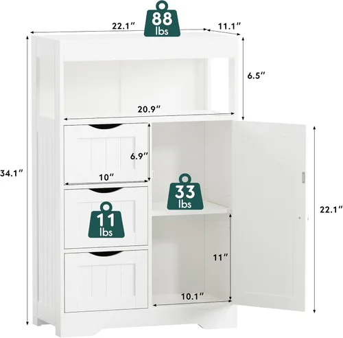 Miniatura 3 de JUMMICO Armario de suelo de baño, organizador de almacenamiento independiente de madera con 1 puerta y 3 cajones, armario de almacenamiento de baño