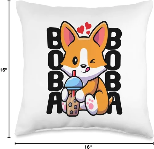 Miniatura 4 de Adorable Corgi Doggy Furry Mammals Pedigree Canine Kawaii Boba Dog Corgi Drink Lindo Anime Bubble Tea - Almohada de corazón, 16 x 16 pulgadas