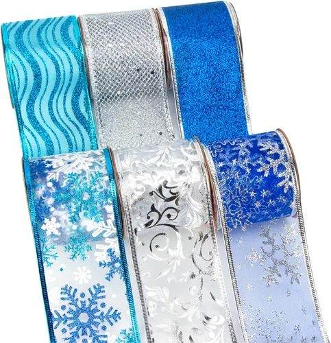 Ribbli Cinta azul y plateada para árbol de Navidad, con alambre, purpurina, 6 rollos de 2.5 pulgadas, total de 36 yardas, para árbol, manualidades,