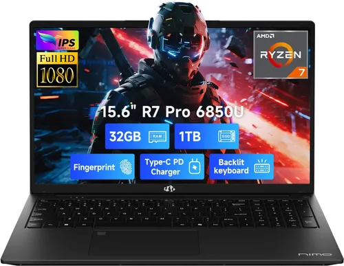 NIMO Portátil ligero para juegos de 15.6", 8 núcleos AMD Ryzen 7 Pro 6850U 32GB RAM 1TB SSD (Beat i7-1360P hasta 4.7GHz) Radeon 680M 100W Fast PD