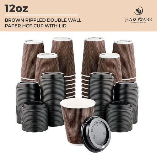 Miniatura 7 de Paquete de 100 tazas de café desechables de 12 onzas, taza de papel de doble pared con tapa con ondulación aislada, diseño geométrico marrón, té