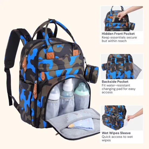 Miniatura 5 de BabbleRoo - Mochila para pañales - Bolso de viaje con artículos esenciales para bebés - Mochila multifuncional resistente al agua para pañales, Azul