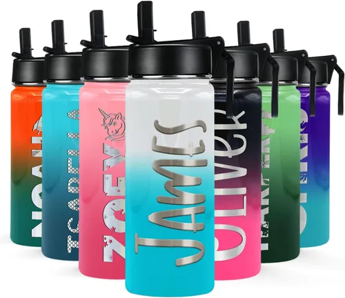 Botella de agua personalizada para niños con tapa de popote en azul aguamarina degradado para la escuela, nombre personalizado para niños, 18 onzas,