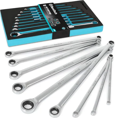 DURATECH Juego de llaves de trinquete extralargas, juego de llaves de extremo de caja doble, métricas, 9 piezas, 8,10,12,13,14,16,17,19,22 mm, acero
