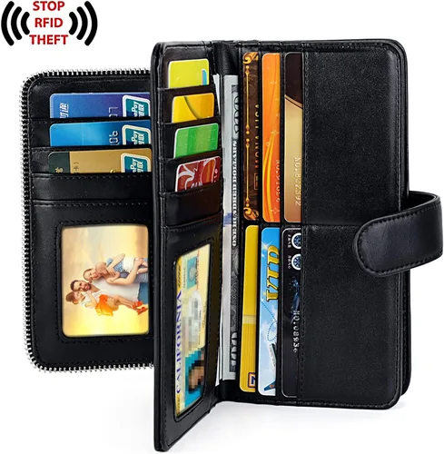 Miniatura 3 de UTO Cartera de cuero vegano para mujer, cartera larga con broche de presión, tarjetero de crédito, elegante embrague