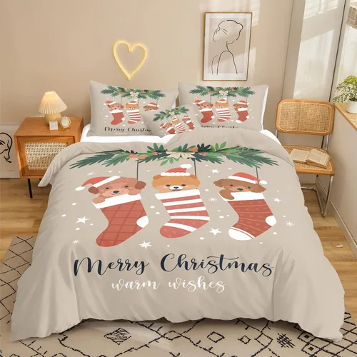 Miniatura 50 de Juego de ropa de cama de Navidad con funda de edredón de copos de nieve, color blanco y rojo, con estampado navideño, juego de ropa de cama festiva
