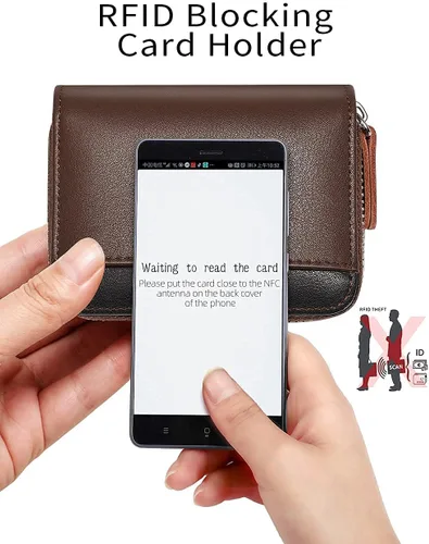 Miniatura 9 de Tarjetero RFID con cremallera, tarjetero, Marrón (18 ranuras para tarjetas y 2 ventanas de identificación)