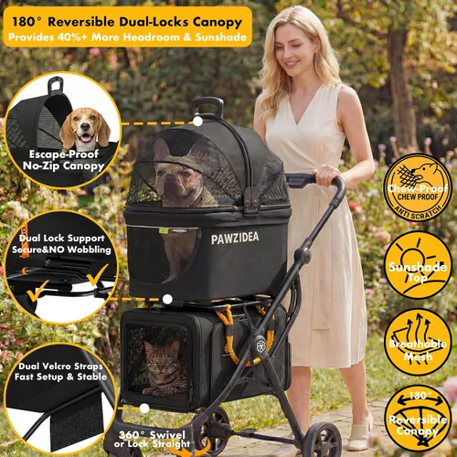 Miniatura 2 de PAWZIDEA Carriola doble para mascotas con 2 portamascotas desmontables, jaula portátil para perros para viajes en automóvil y porta gatos expandible