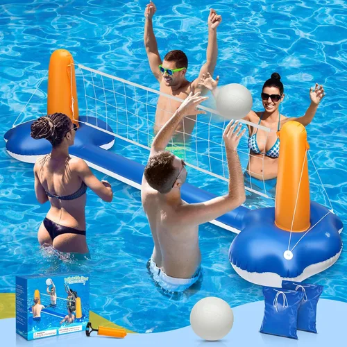 Juego de voleibol de piscina de 118 pulgadas, cancha de voleibol inflable con 2 bolsas de peso, pelota de PVC y bomba mejoradas, divertidos juegos