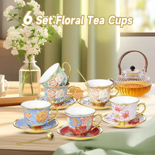 Miniatura 2 de Juego de 6 tazas de té y platillos florales de 8 onzas con cucharas, taza de cerámica y platillo para capuchino, expreso, café, café, café