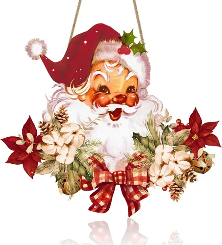 Letrero de bienvenida de Papá Noel de estilo vintage, letrero colgante de madera para puerta delantera, decoración de pared de Navidad para