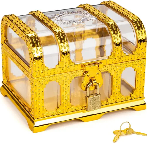 Miniatura 8 de Cofre del tesoro pirata para niños, cofre de pirata dorado transparente decorativo con cerradura y llave