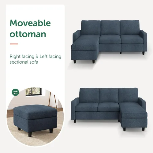 Miniatura 3 de HONBAY Sofá modular convertible, sofá en forma de L con diván reversible para espacio pequeño, color azul medio