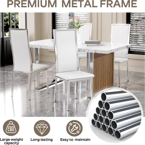Miniatura 4 de Juego de 4 sillas de comedor modernas - Piel sintética blanca con patas de metal cromado plateado, diseño de respaldo alto curvo y acolchado tipo
