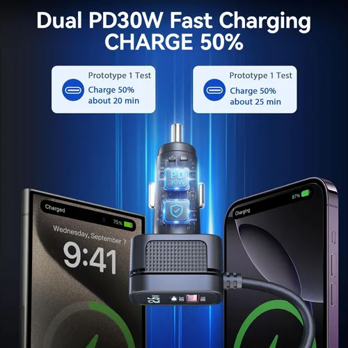 Miniatura 3 de Divisor de encendedor de cigarrillos de 158 W, 9 en 1, encendedor de cigarrillos con 3 enchufes multipuerto dual PD30W y 3 USB-A QC3.0, adaptador