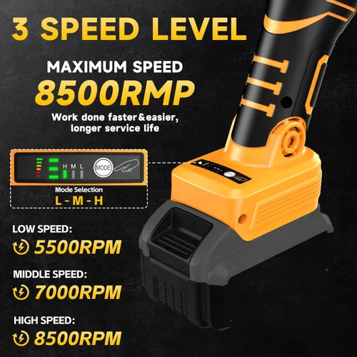 Miniatura 6 de Amoladora angular inalámbrica para batería Dewalt de 20 V, amoladora sin escobillas ajustable de 3 velocidades con hasta 8500 RPM, amoladora
